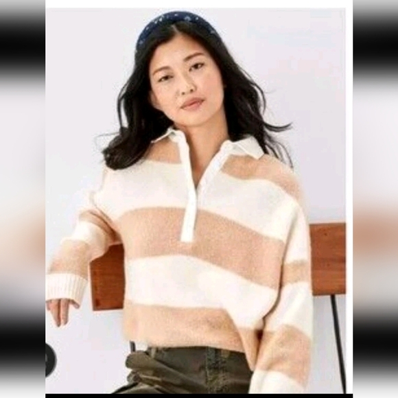 American Eagle Womens Tan And Biege Boxy Rugby Sweater  XL - Picture 1 of 12